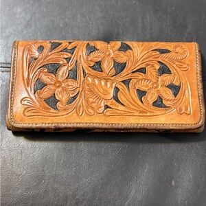Leather Tan and Black Floral Western Tri-Fold Wallet